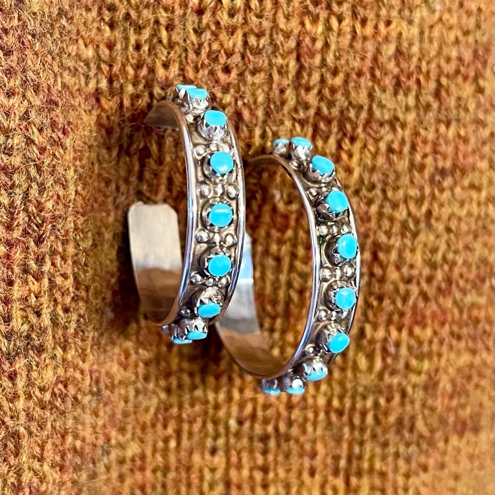 Zuni Sterling Silver Turquoise Hoop Earrings Petit Point Native American Hoops